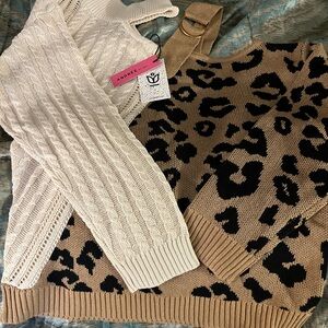 ANDREE BY UNIT Off-the-Shoulder Leopard Sweater - Cream and Brown